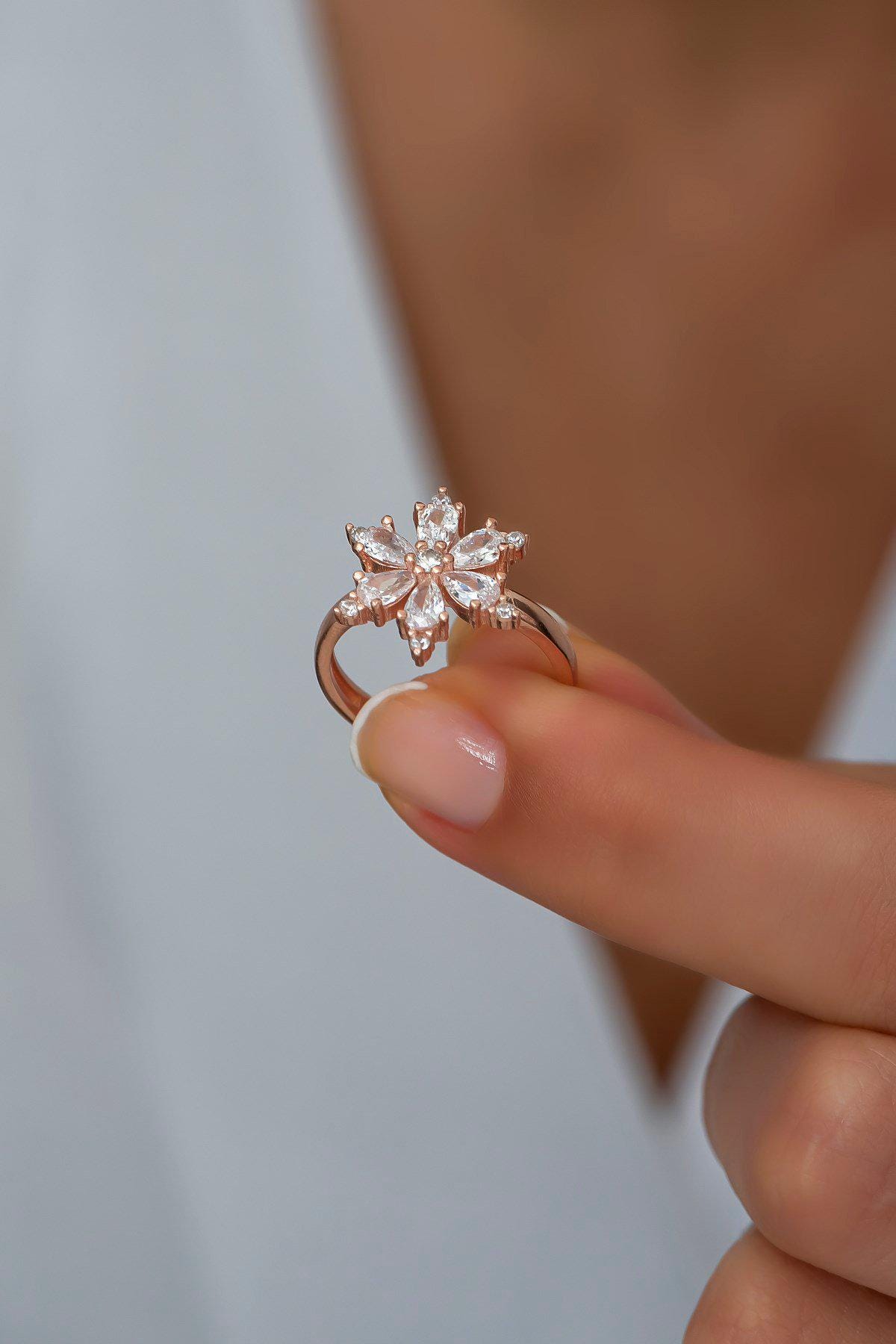 Rose Gold Plated Sterling Silver Flower Ring | Adjustable Zircon Floral Band (NRZ99810)