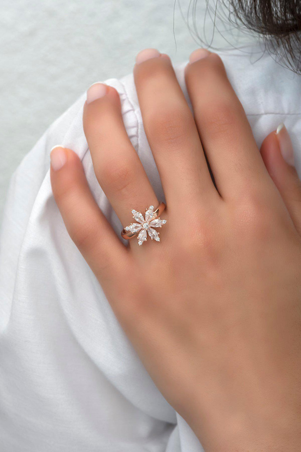 Rose Gold Plated Sterling Silver Flower Ring | Adjustable Zircon Floral Band (NRZ99810)