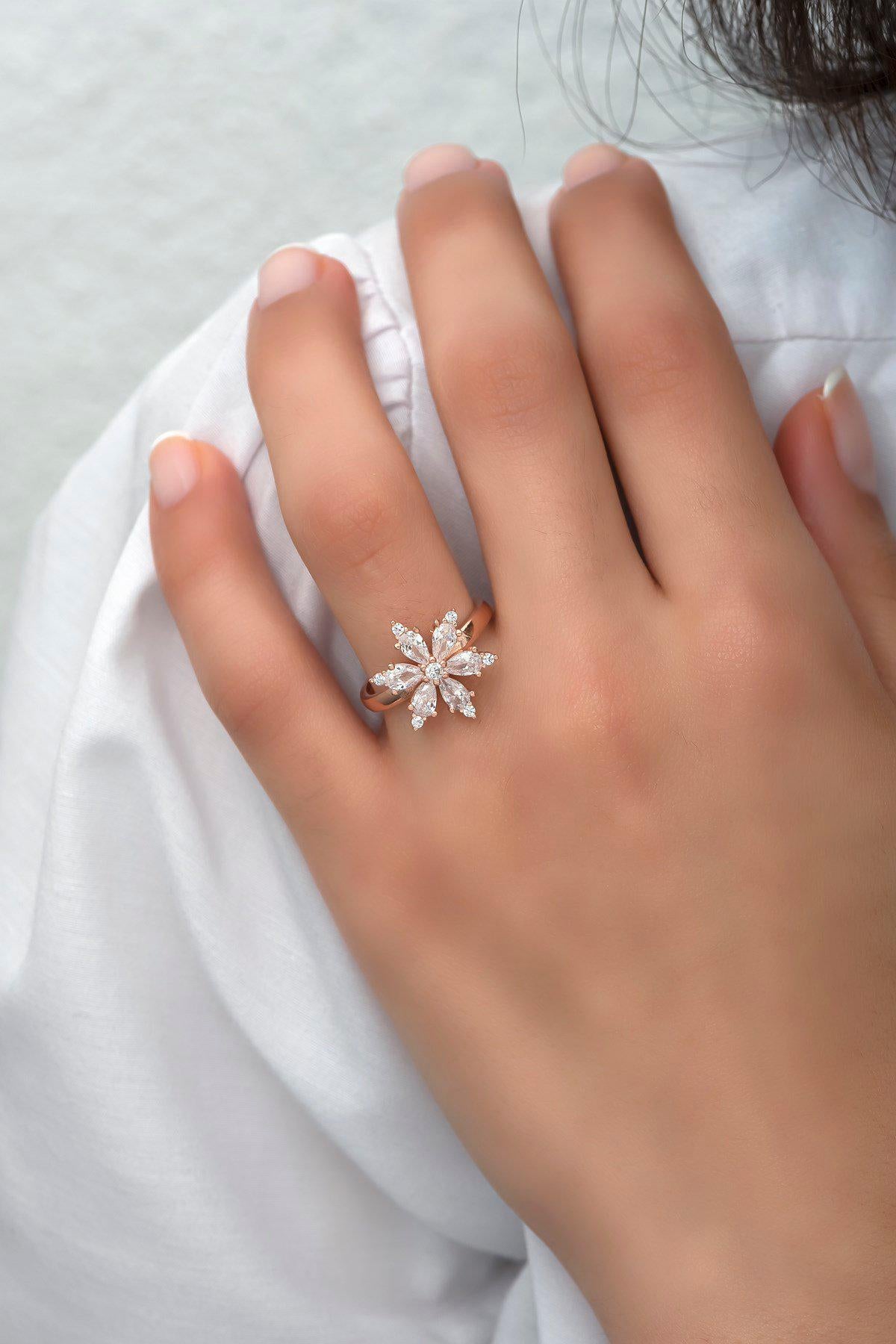 Rose Gold Plated Sterling Silver Flower Ring | Adjustable Zircon Floral Band (NRZ99810)