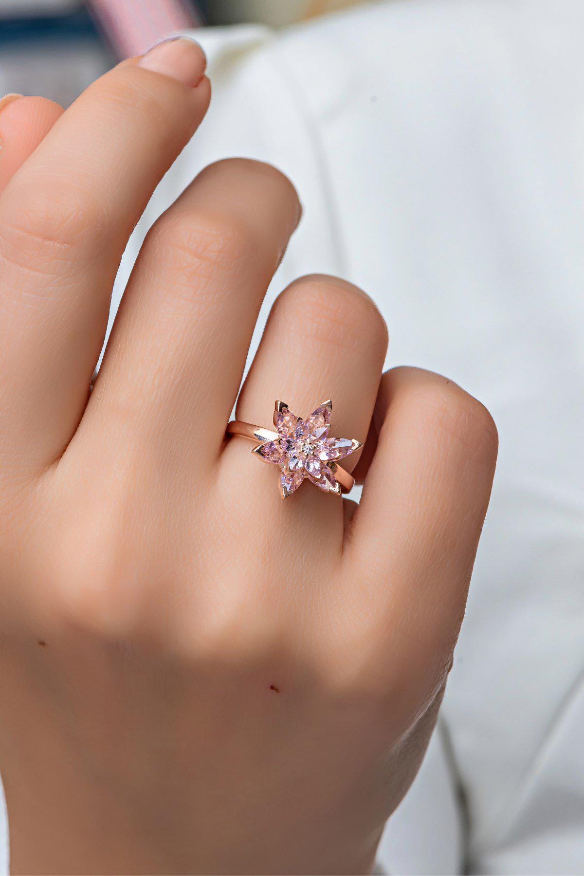 Lotus Flower Ring, Adjustable 925 Sterling Silver Pink Stone Ring for Women (NRZ998884)