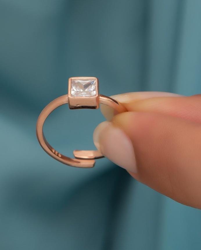 Square Solitaire Ring, Adjustable 925 Sterling Silver Zircon Ring for Women (NRZ99703)