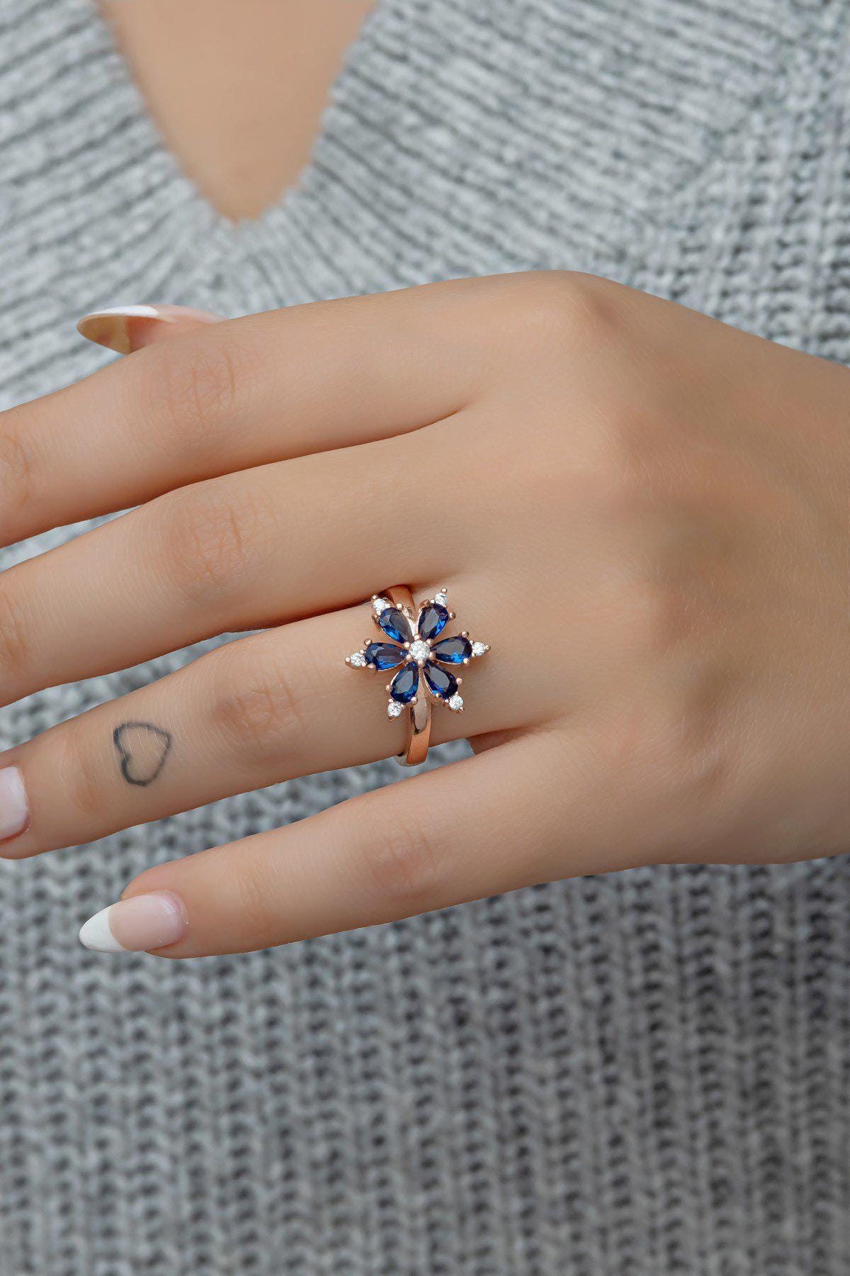 Camellia Flower Ring, Adjustable 925 Sterling Silver Blue Stone Ring for Women (NRZ998749)