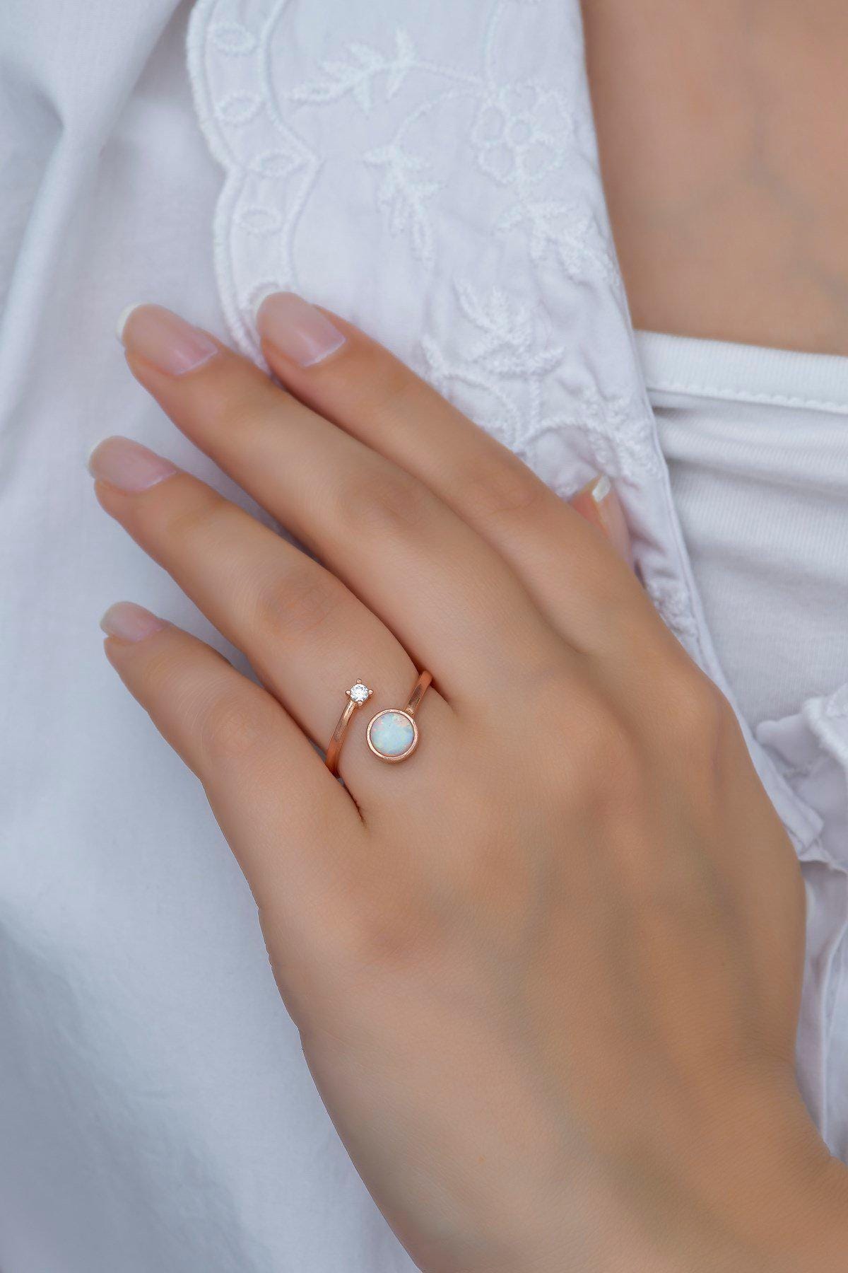 Solitaire Ring, Adjustable 925 Sterling Silver White Opal Ring for Women (NRZ99382)