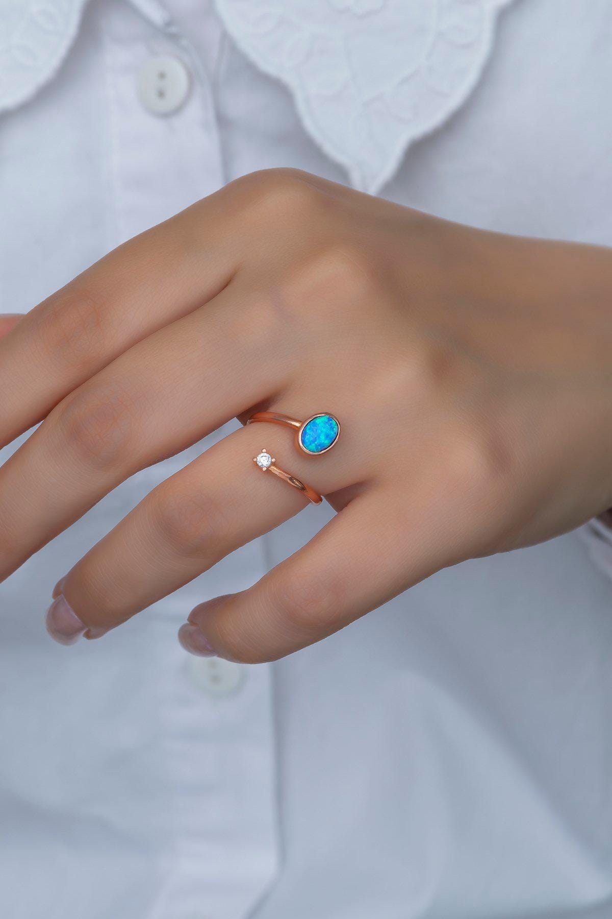 Solitaire Ring, Adjustable 925 Sterling Silver Blue Opal Ring for Women (NRZ99381)