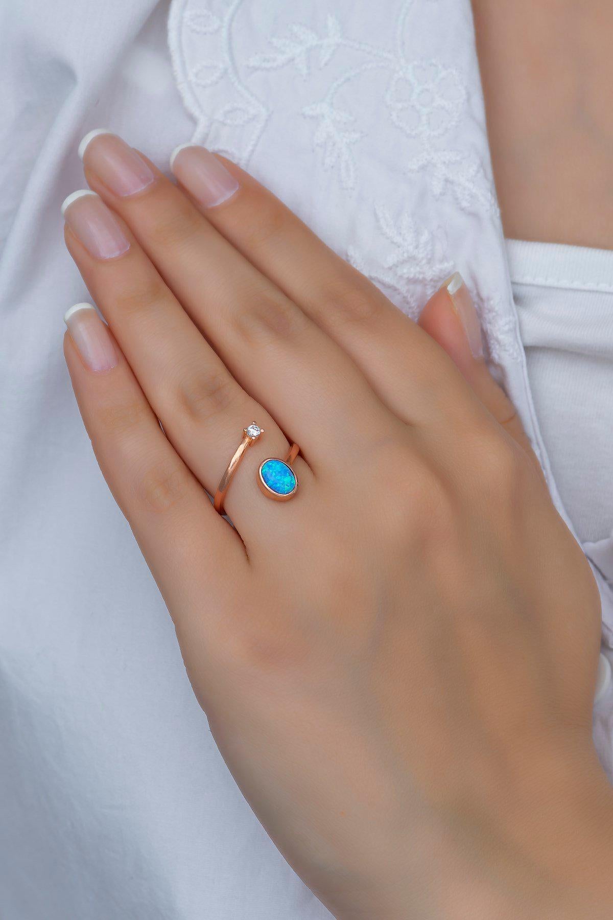 Solitaire Ring, Adjustable 925 Sterling Silver Blue Opal Ring for Women (NRZ99381)