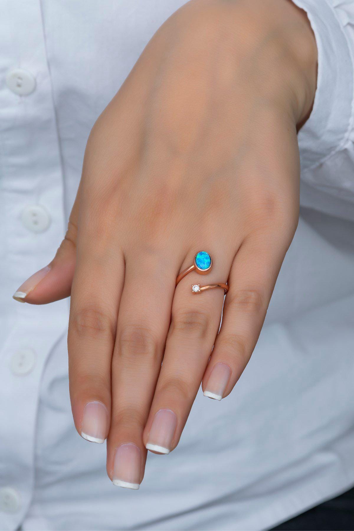 Solitaire Ring, Adjustable 925 Sterling Silver Blue Opal Ring for Women (NRZ99381)