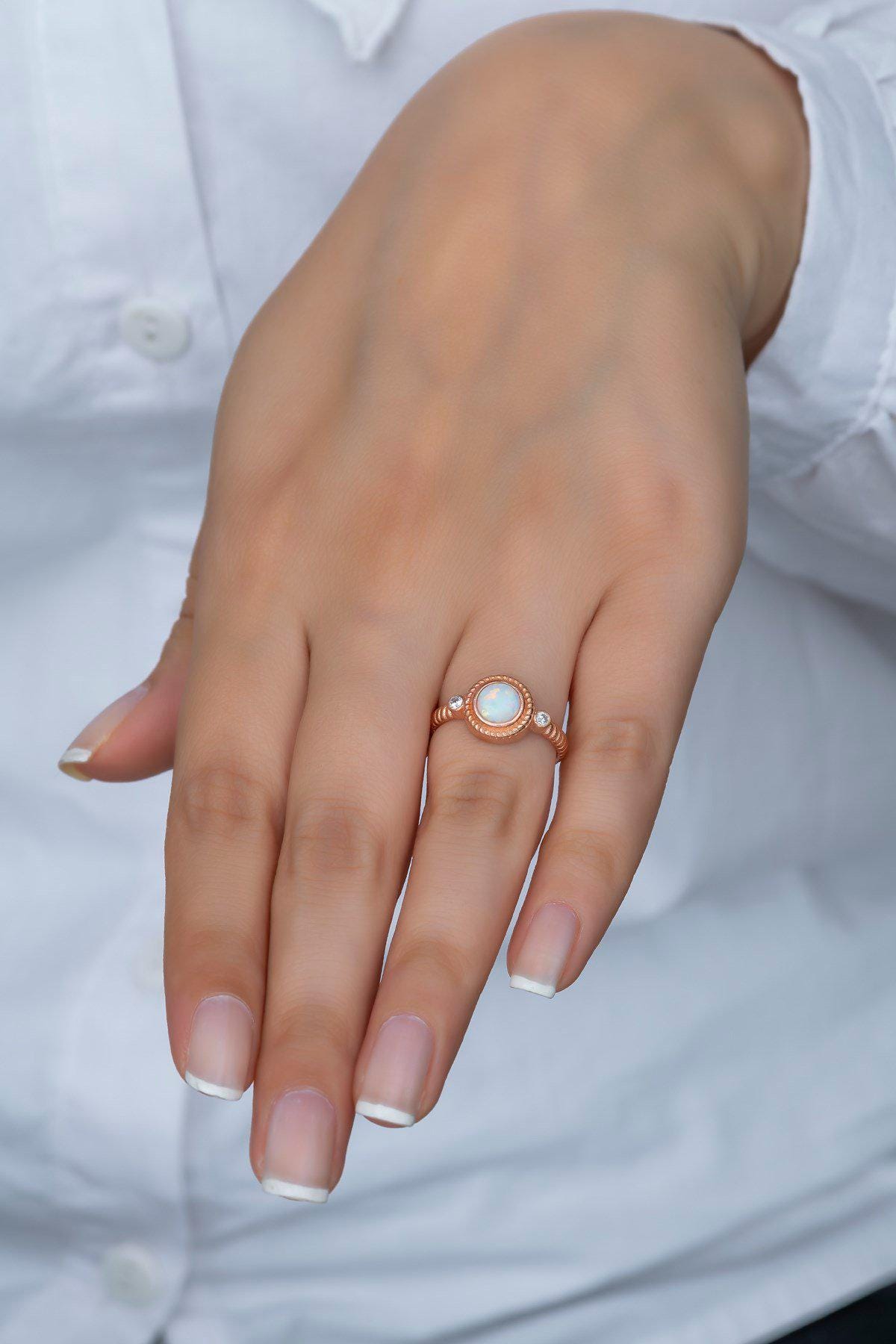 Solitaire Ring, Adjustable 925 Sterling Silver White Opal Ring for Women (NRZ99378)