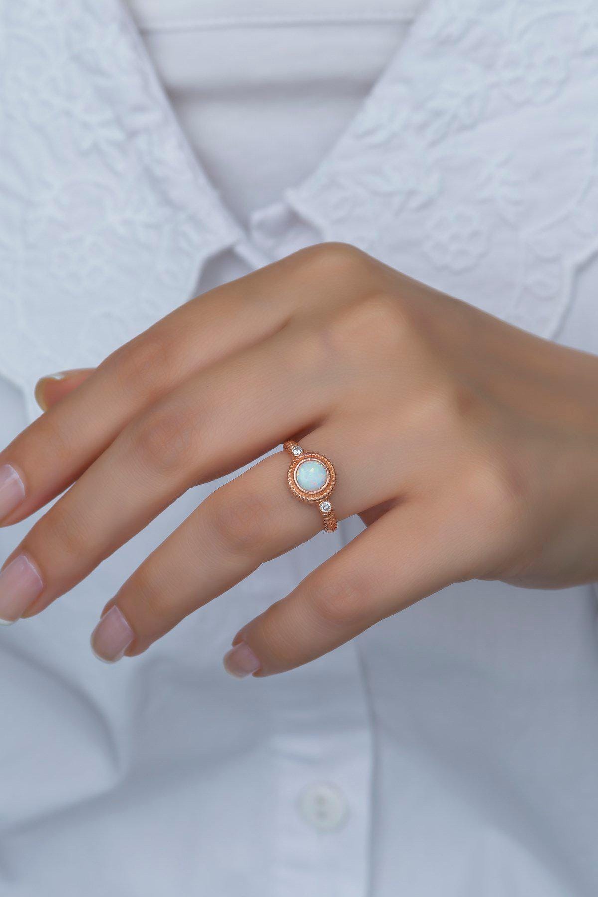 Solitaire Ring, Adjustable 925 Sterling Silver White Opal Ring for Women (NRZ99378)