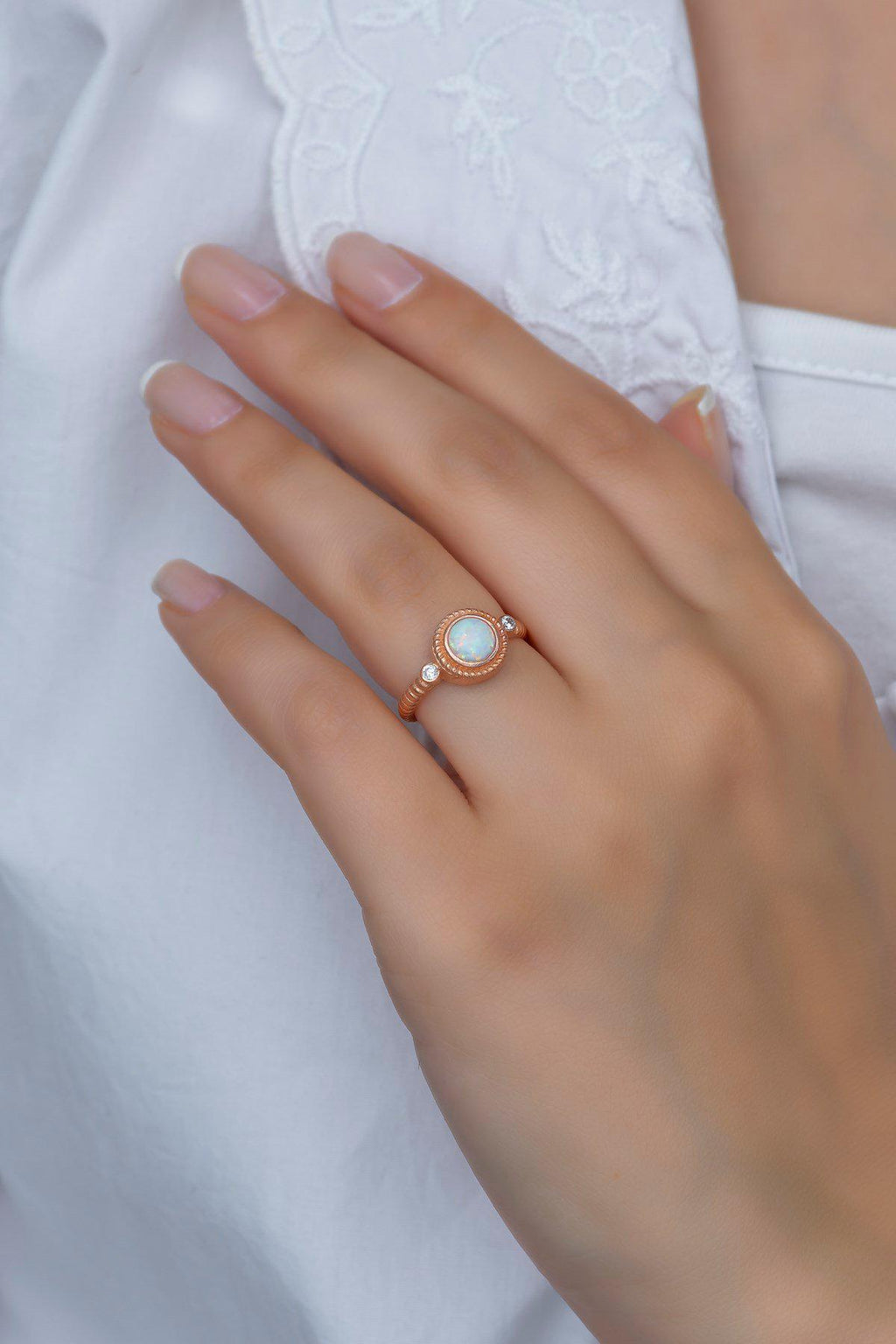 Solitaire Ring, Adjustable 925 Sterling Silver White Opal Ring for Women (NRZ99378)