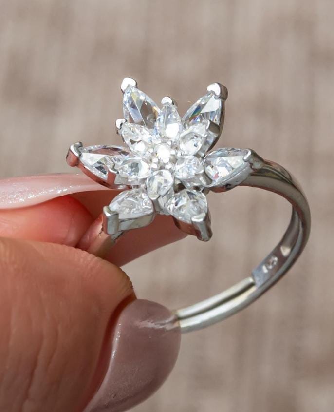 Lotus Flower Ring, Adjustable 925 Sterling Silver Rhodium Plated White Ring for Women  (NRZ999413)