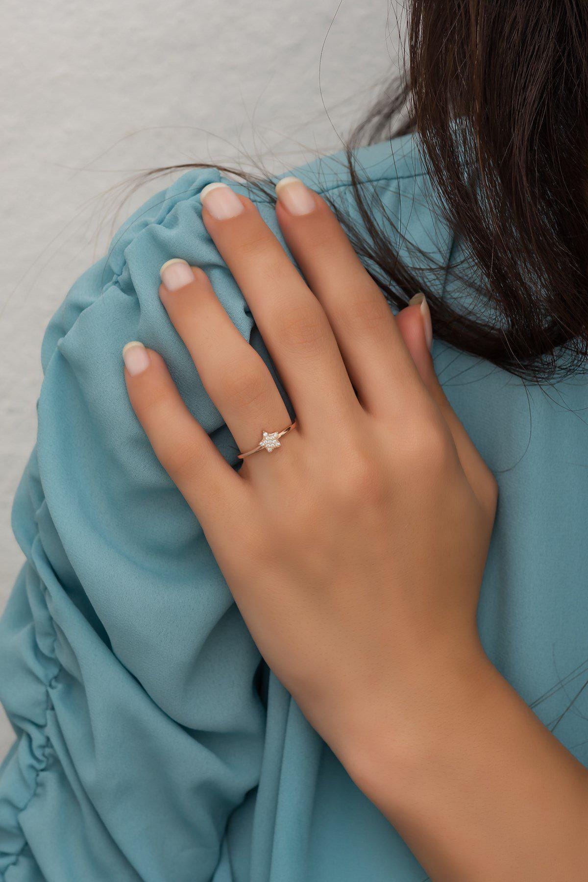 Star Ring, Adjustable 925 Sterling Silver Minimal Zircon Ring for Women