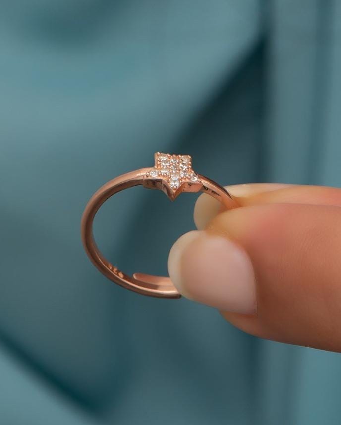 Star Ring, Adjustable 925 Sterling Silver Minimal Zircon Ring for Women