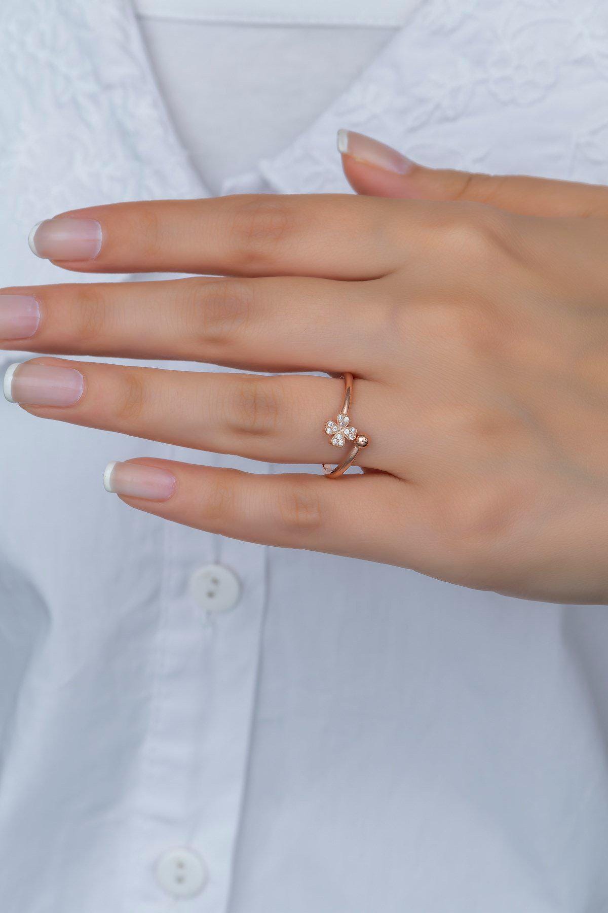 Rose Gold Clover Ring, Adjustable 925 Sterling Silver Zircon Ring for Women