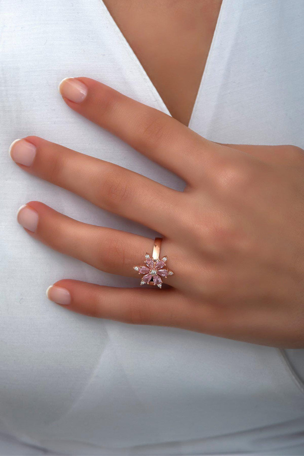 Pink Zircon Flower Ring | Rose Gold Plated Sterling Silver, Adjustable
