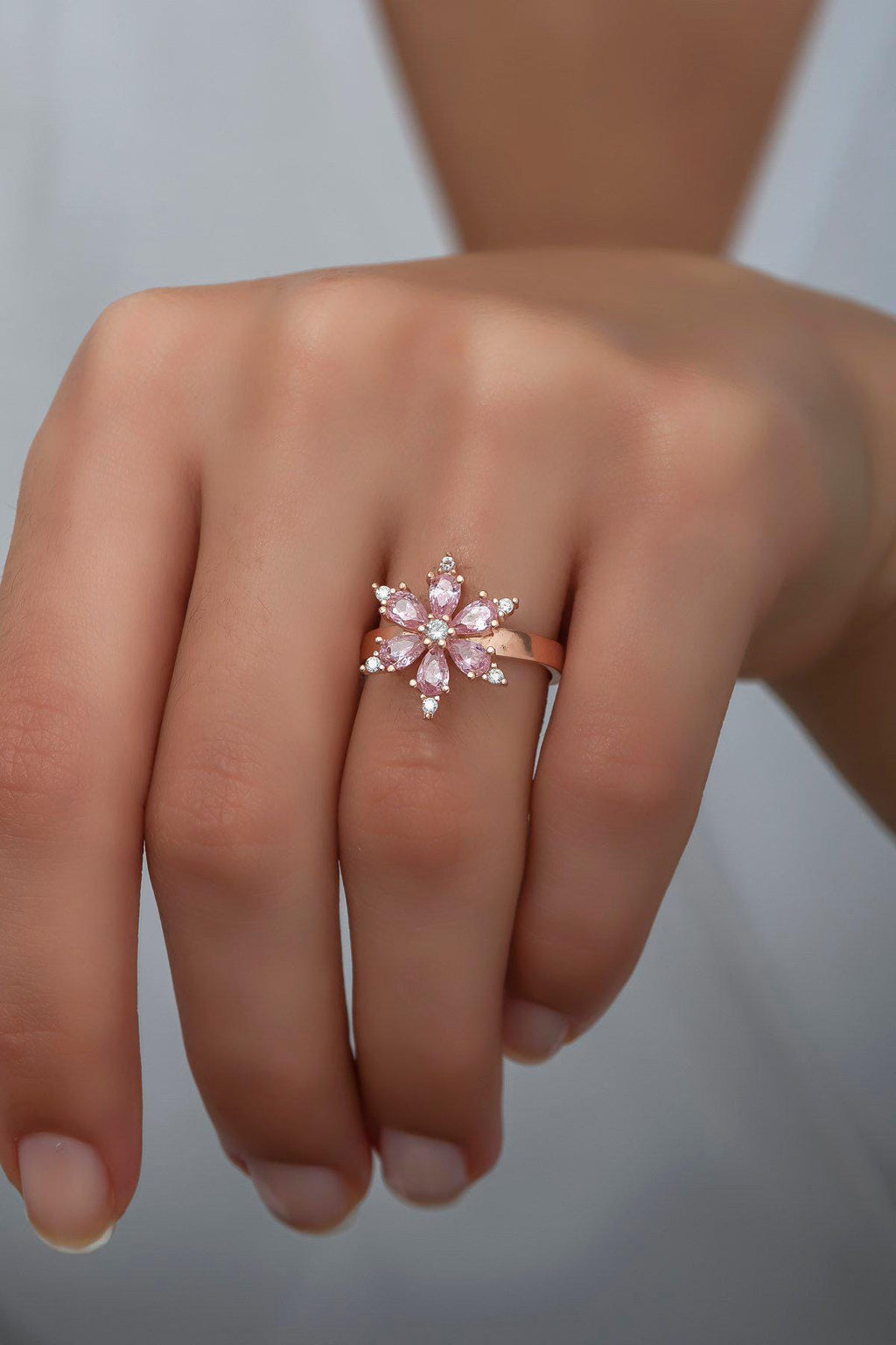 Pink Zircon Flower Ring | Rose Gold Plated Sterling Silver, Adjustable