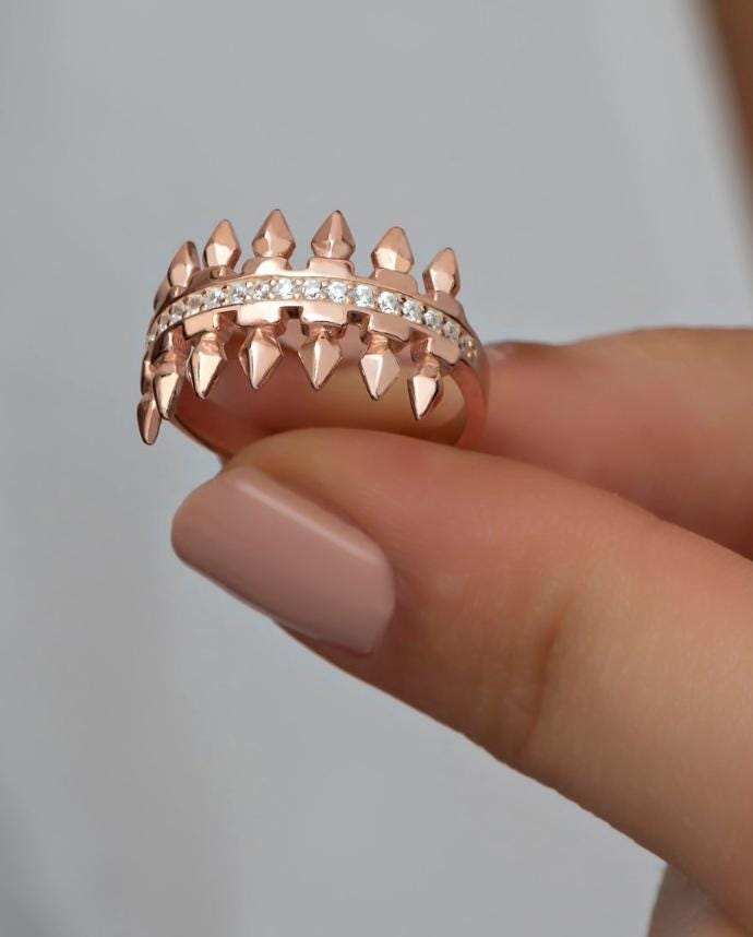 925 Sterling Silver Adjustable Zircon Nail Ring | Rose Gold Pavé Design