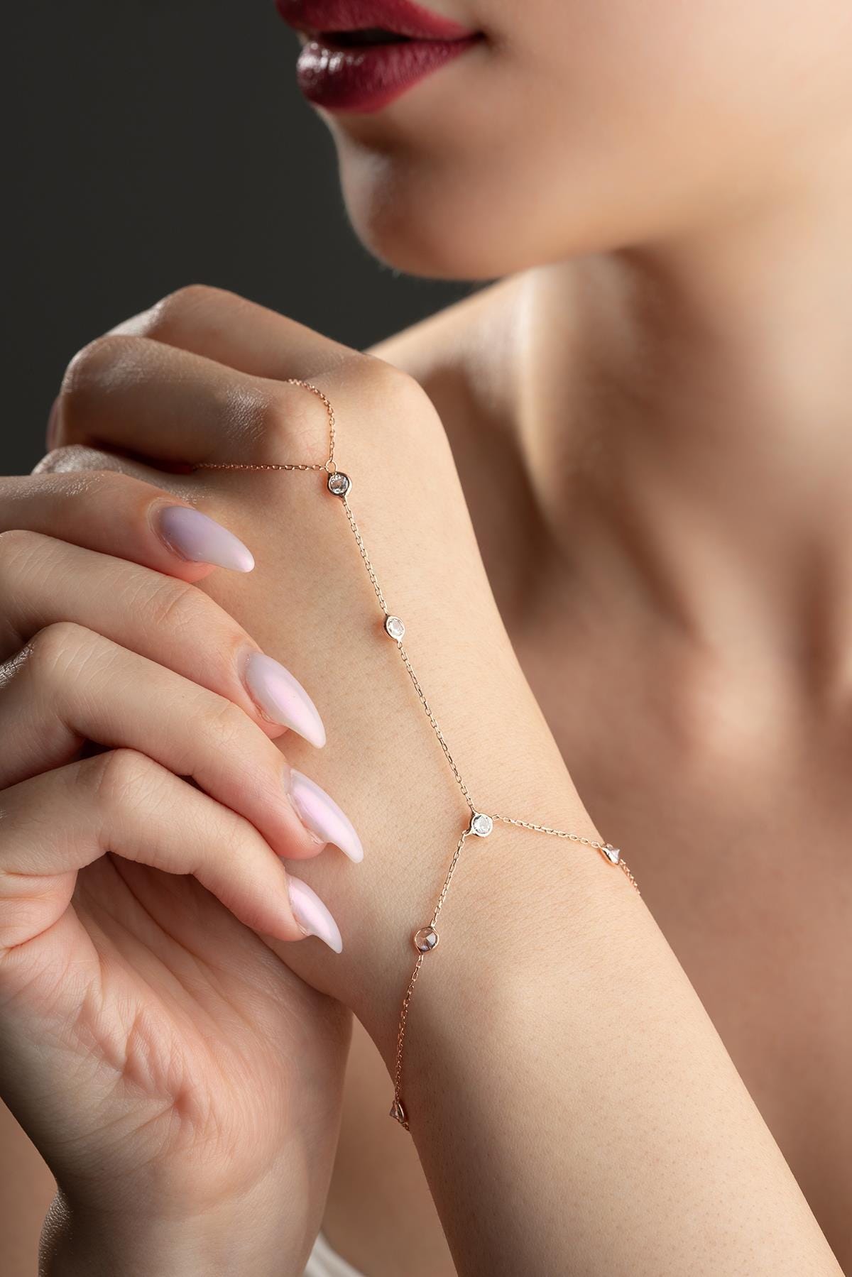 Rose Gold Plated Shahmaran Bracelet | Sterling Silver Zircon Hand Chain