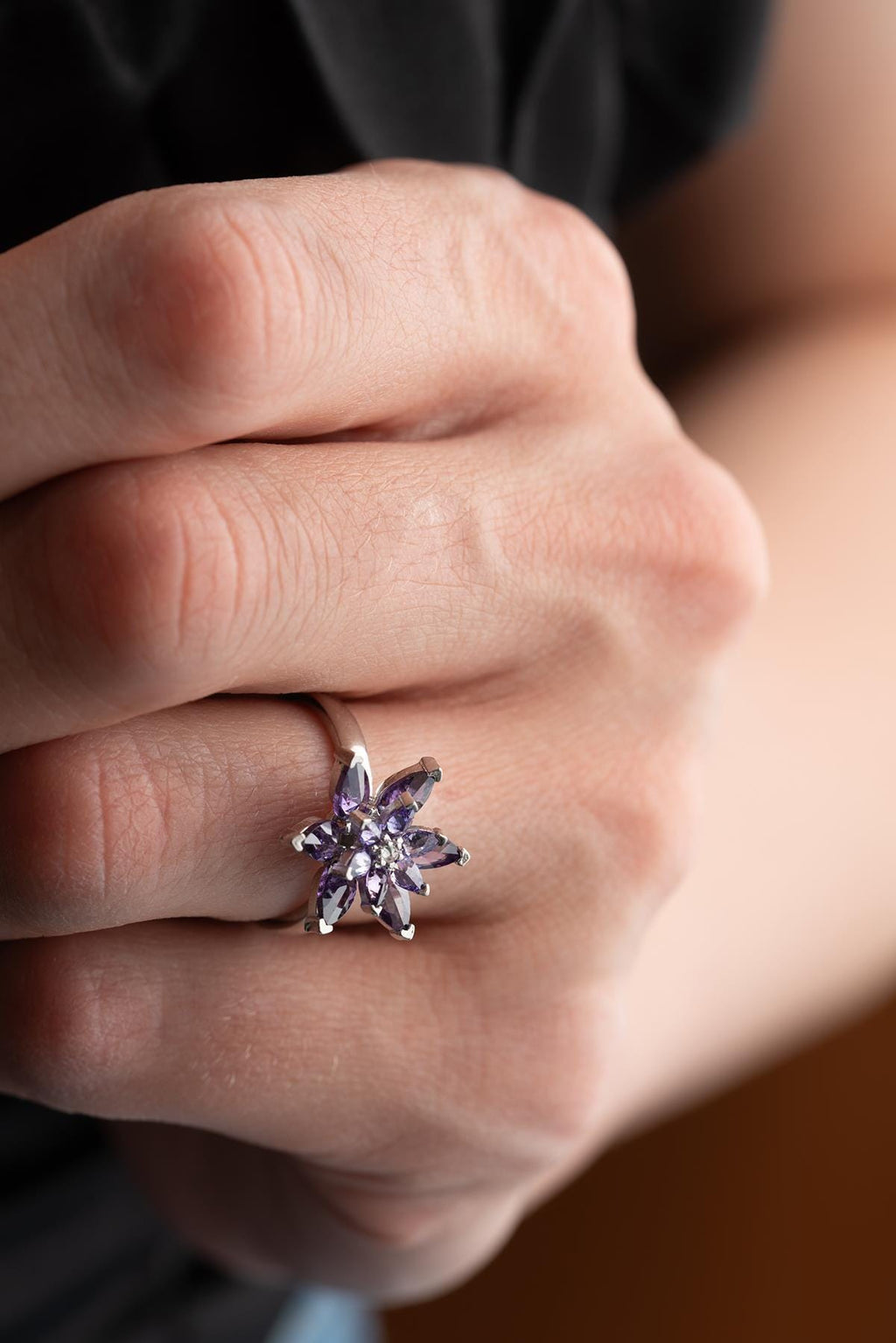 Sterling Silver Adjustable Lotus Ring with Purple Zircon