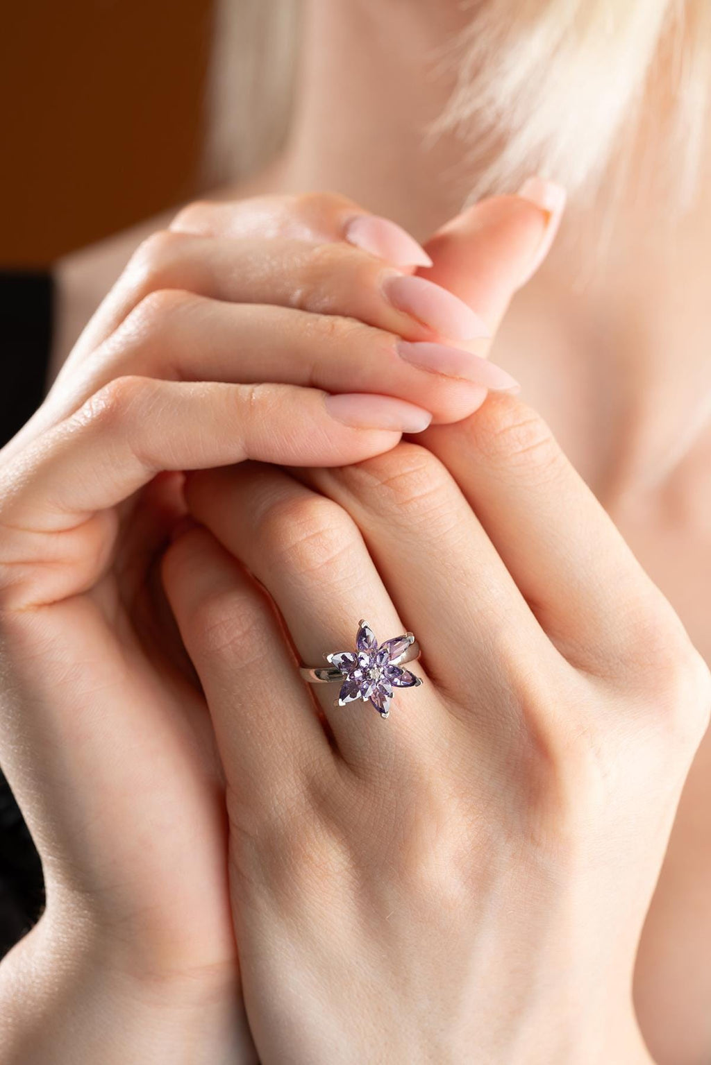 Sterling Silver Adjustable Lotus Ring with Purple Zircon