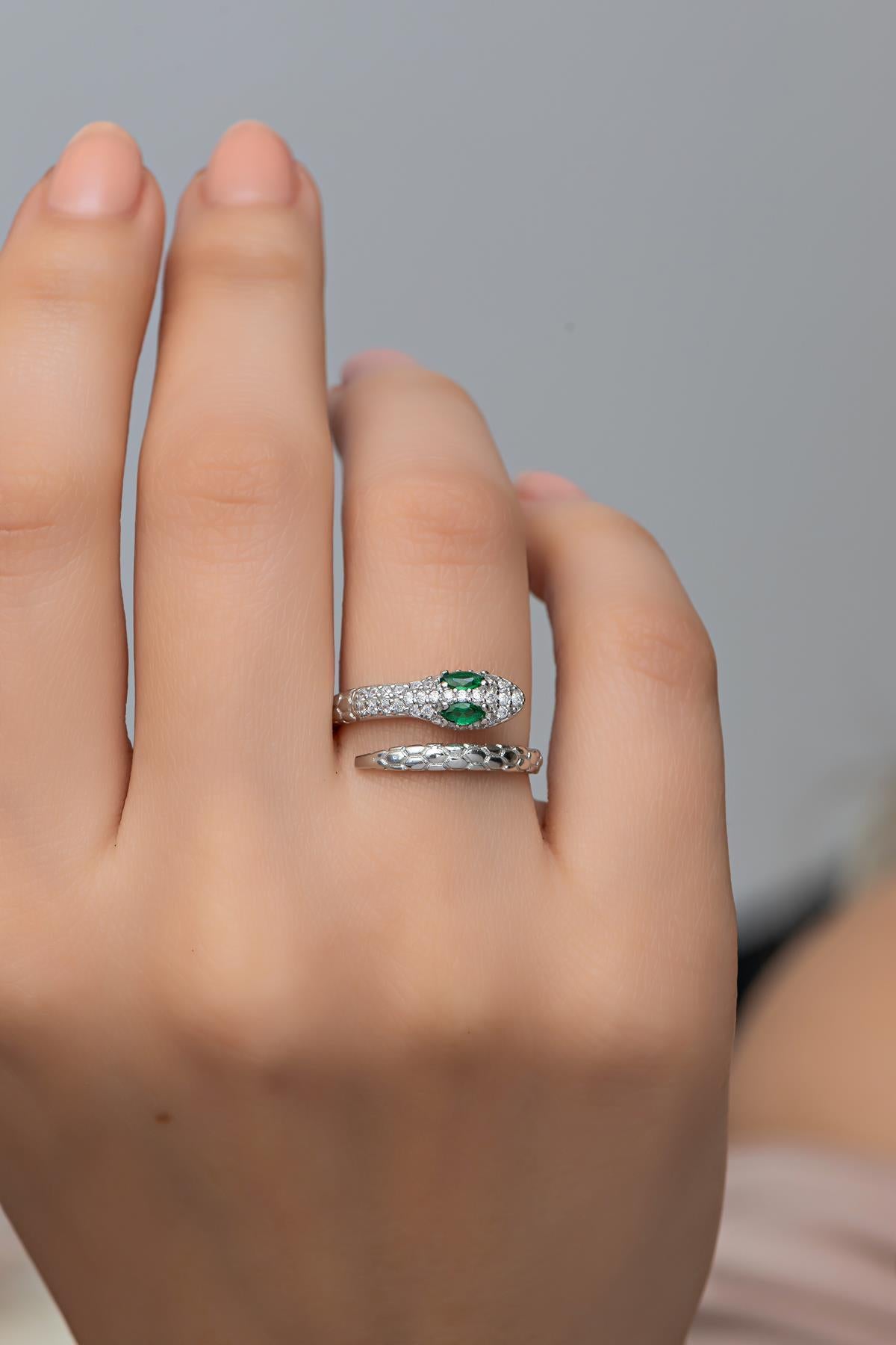 Sterling Silver Adjustable Snake Ring | Zircon Serpent Design Ring