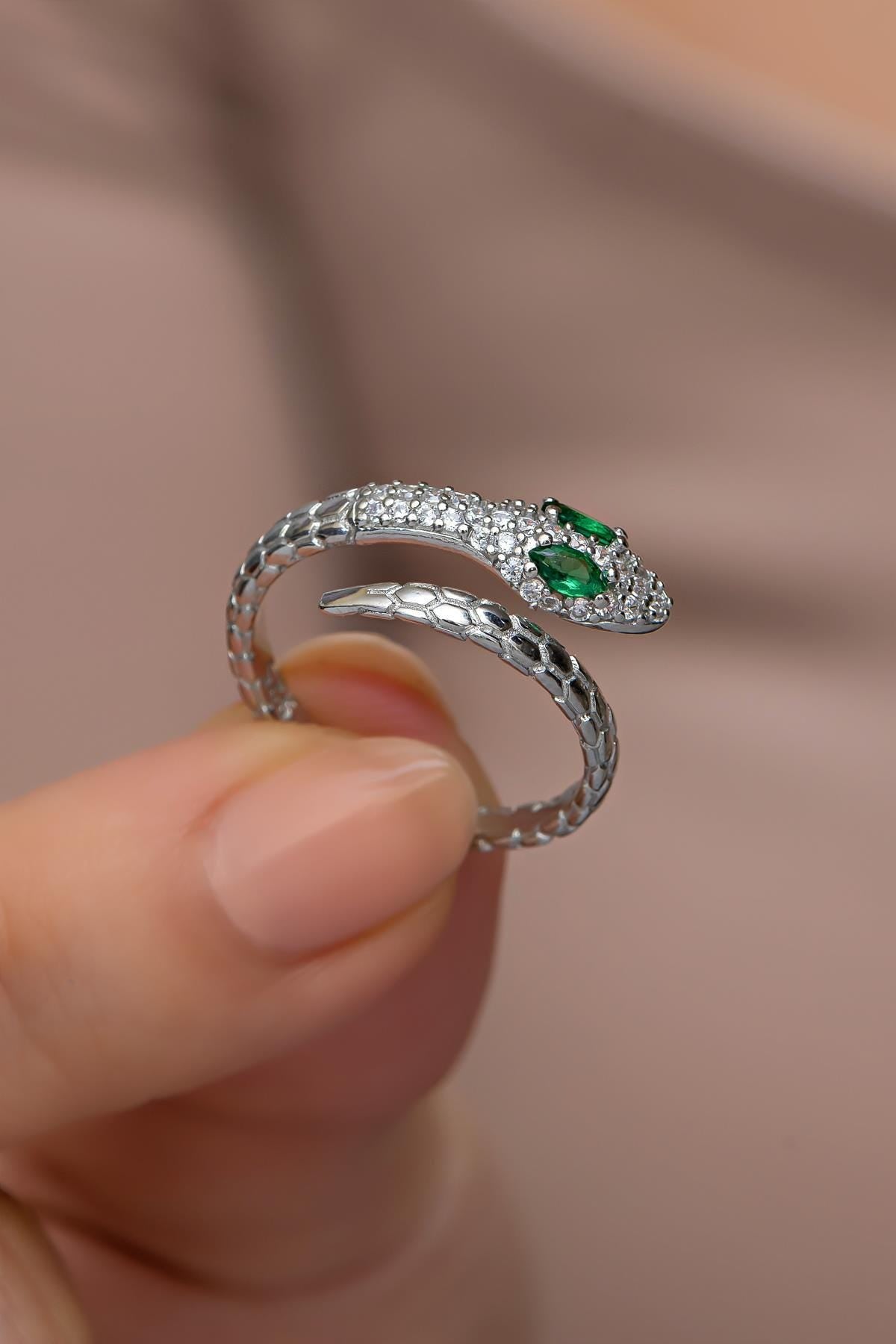 Sterling Silver Adjustable Snake Ring | Zircon Serpent Design Ring