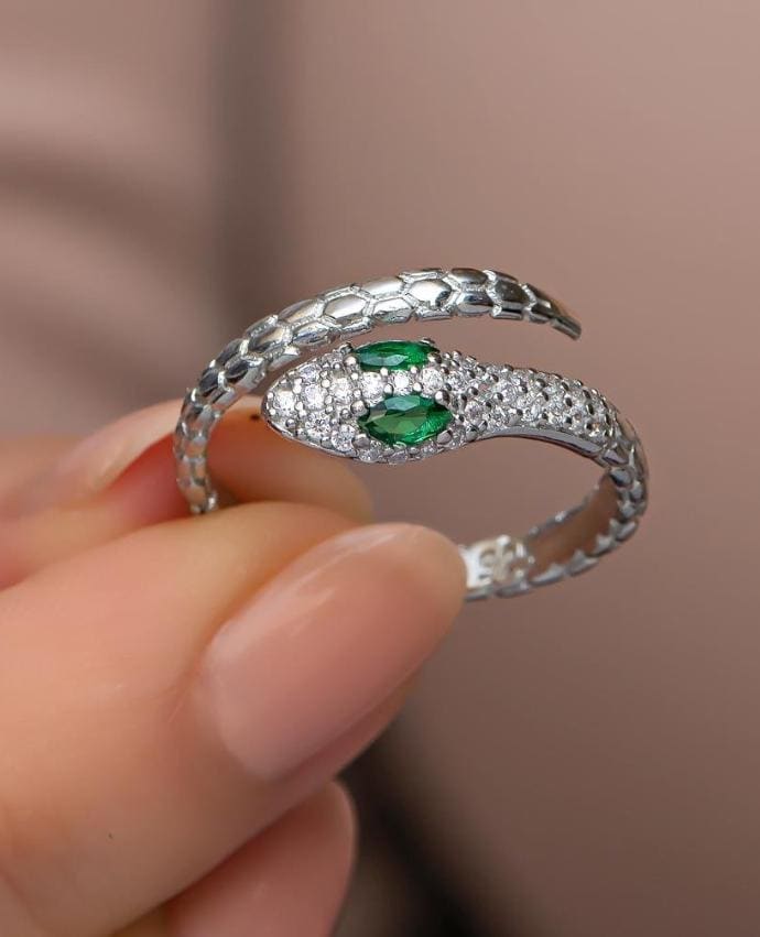 Sterling Silver Adjustable Snake Ring | Zircon Serpent Design Ring