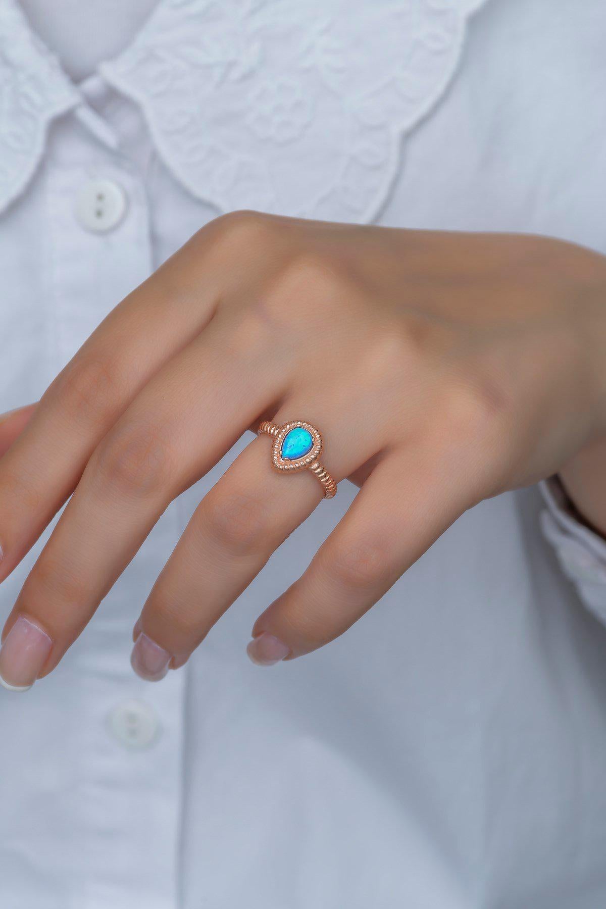 Blue Opal Teardrop Ring | 925 Sterling Silver Adjustable Rose Gold Plated Ring