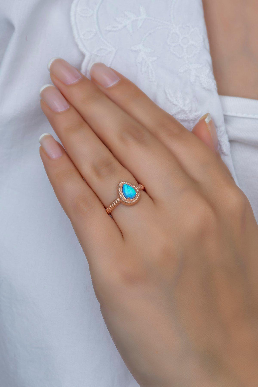 Blue Opal Teardrop Ring | 925 Sterling Silver Adjustable Rose Gold Plated Ring