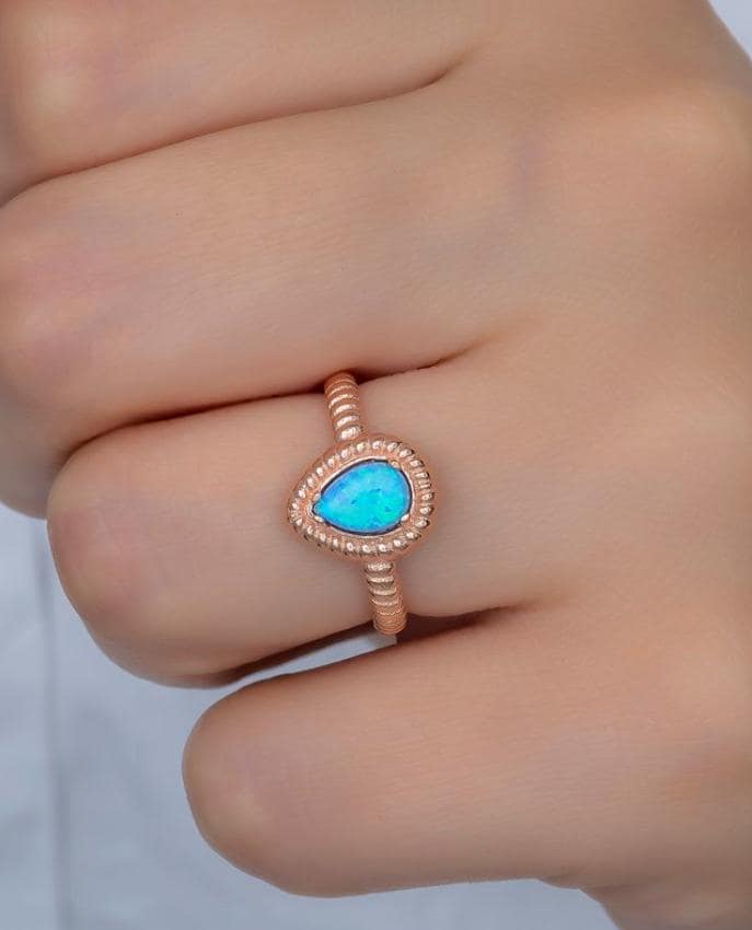 Blue Opal Teardrop Ring | 925 Sterling Silver Adjustable Rose Gold Plated Ring