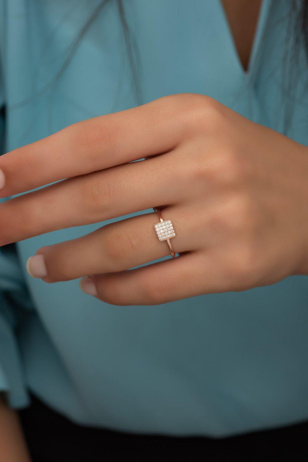 Square Zircon Ring | 925 Sterling Silver Adjustable Rose Gold Plated Ring