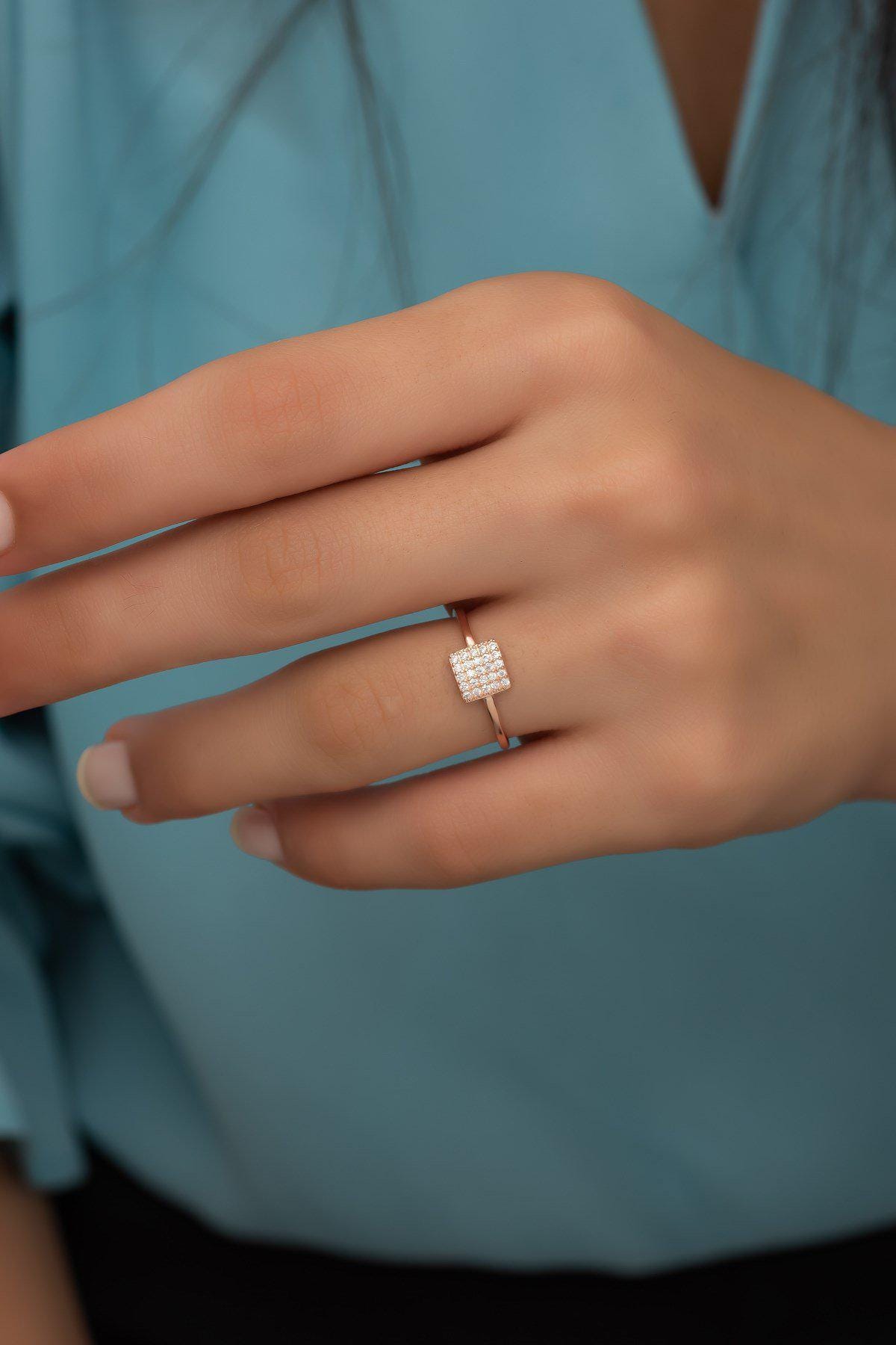 Square Zircon Ring | 925 Sterling Silver Adjustable Rose Gold Plated Ring