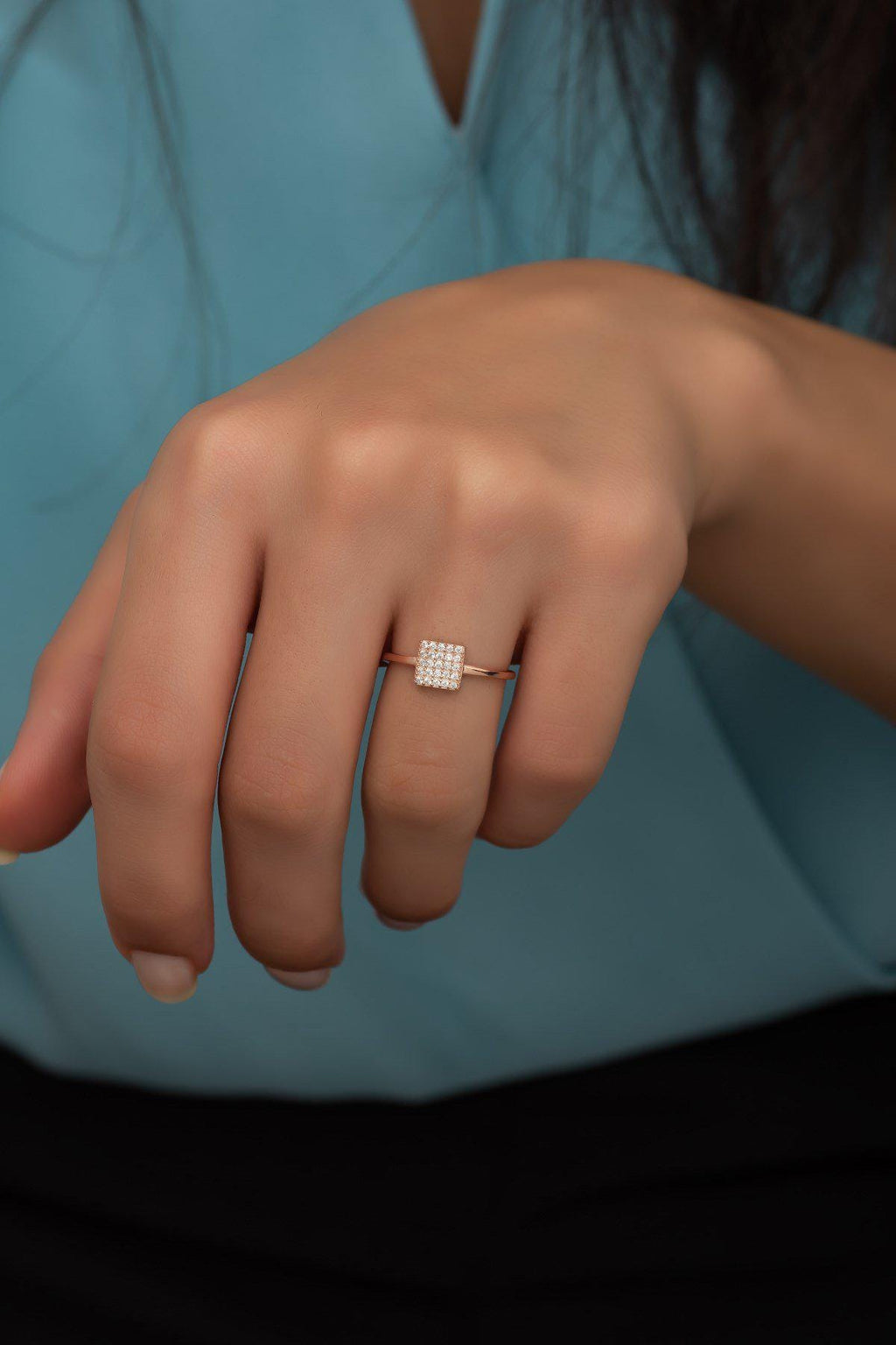 Square Zircon Ring | 925 Sterling Silver Adjustable Rose Gold Plated Ring