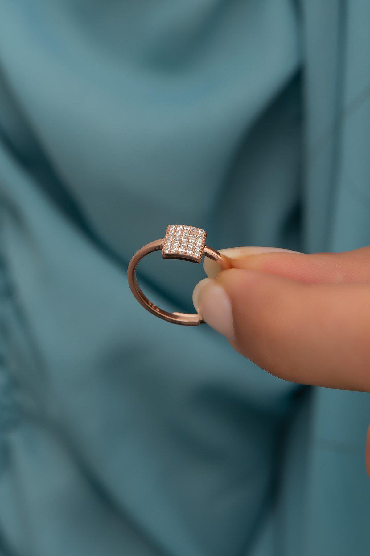 Square Zircon Ring | 925 Sterling Silver Adjustable Rose Gold Plated Ring