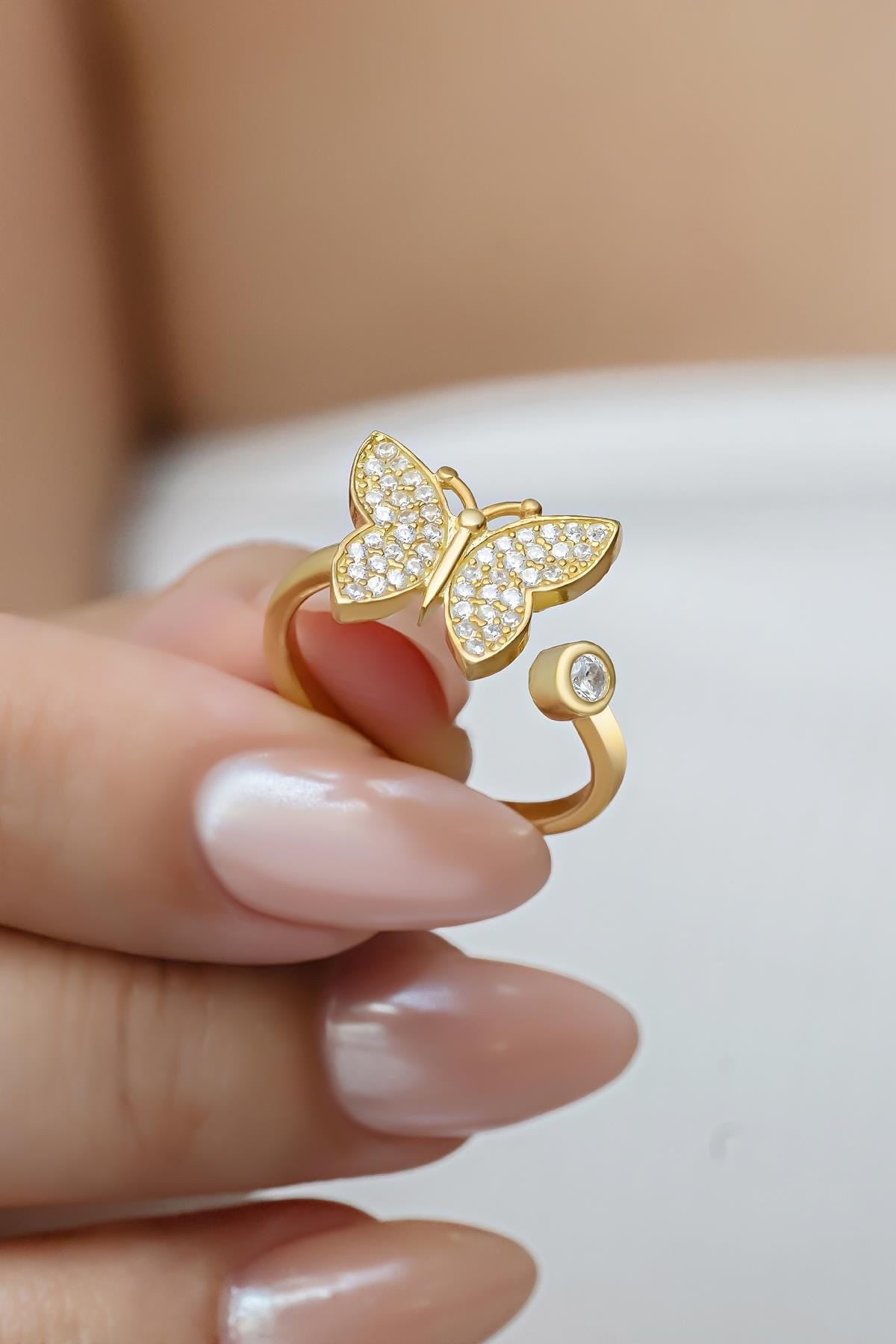 Sterling Silver Butterfly Ring | Adjustable Gold Plated Zircon Jewelry