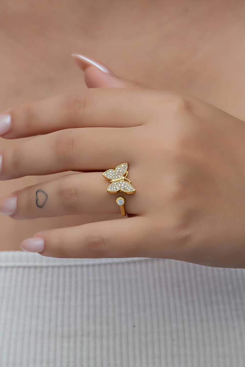 Sterling Silver Butterfly Ring | Adjustable Gold Plated Zircon Jewelry