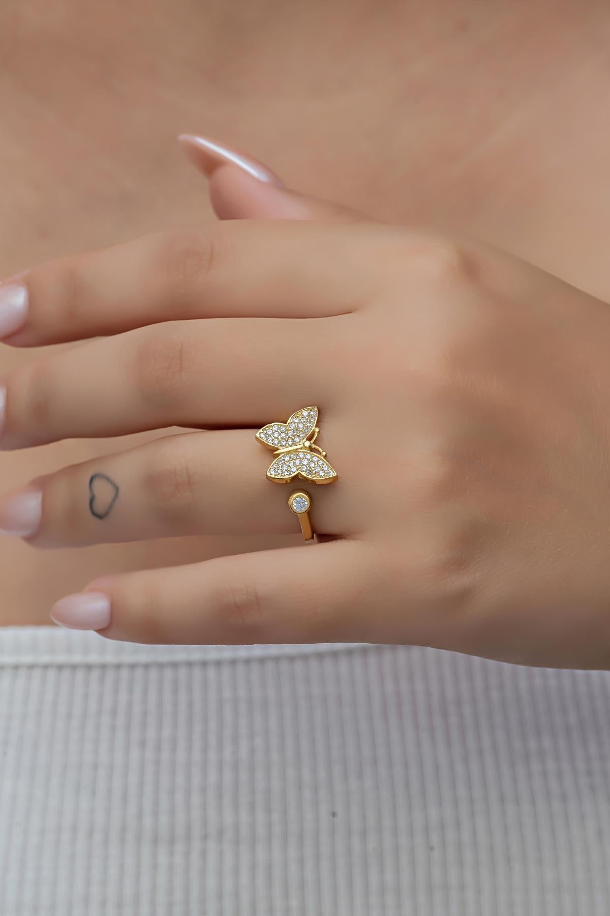 Sterling Silver Butterfly Ring | Adjustable Gold Plated Zircon Jewelry