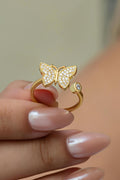Sterling Silver Butterfly Ring | Adjustable Gold Plated Zircon Jewelry