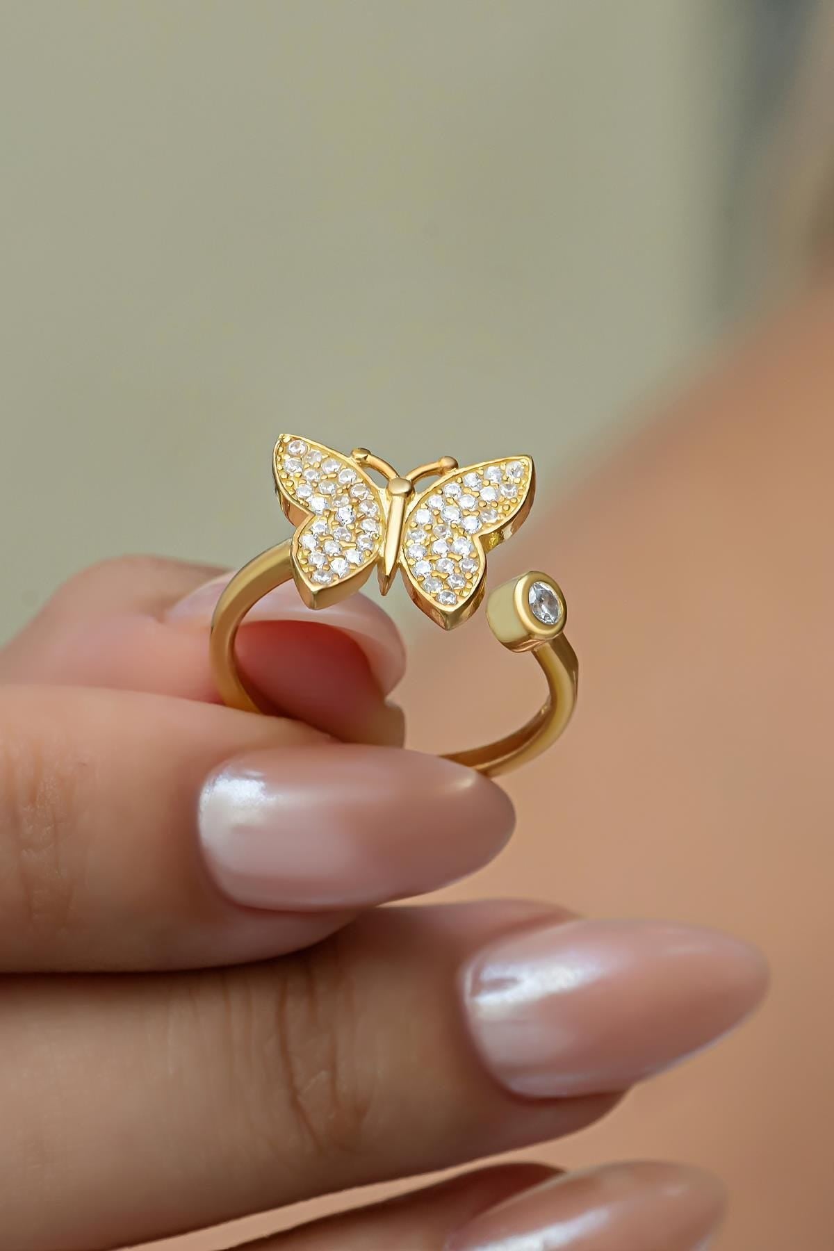 Sterling Silver Butterfly Ring | Adjustable Gold Plated Zircon Jewelry
