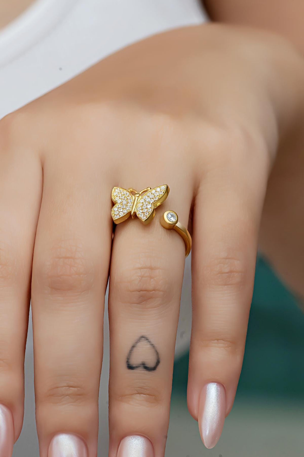 Sterling Silver Butterfly Ring | Adjustable Gold Plated Zircon Jewelry