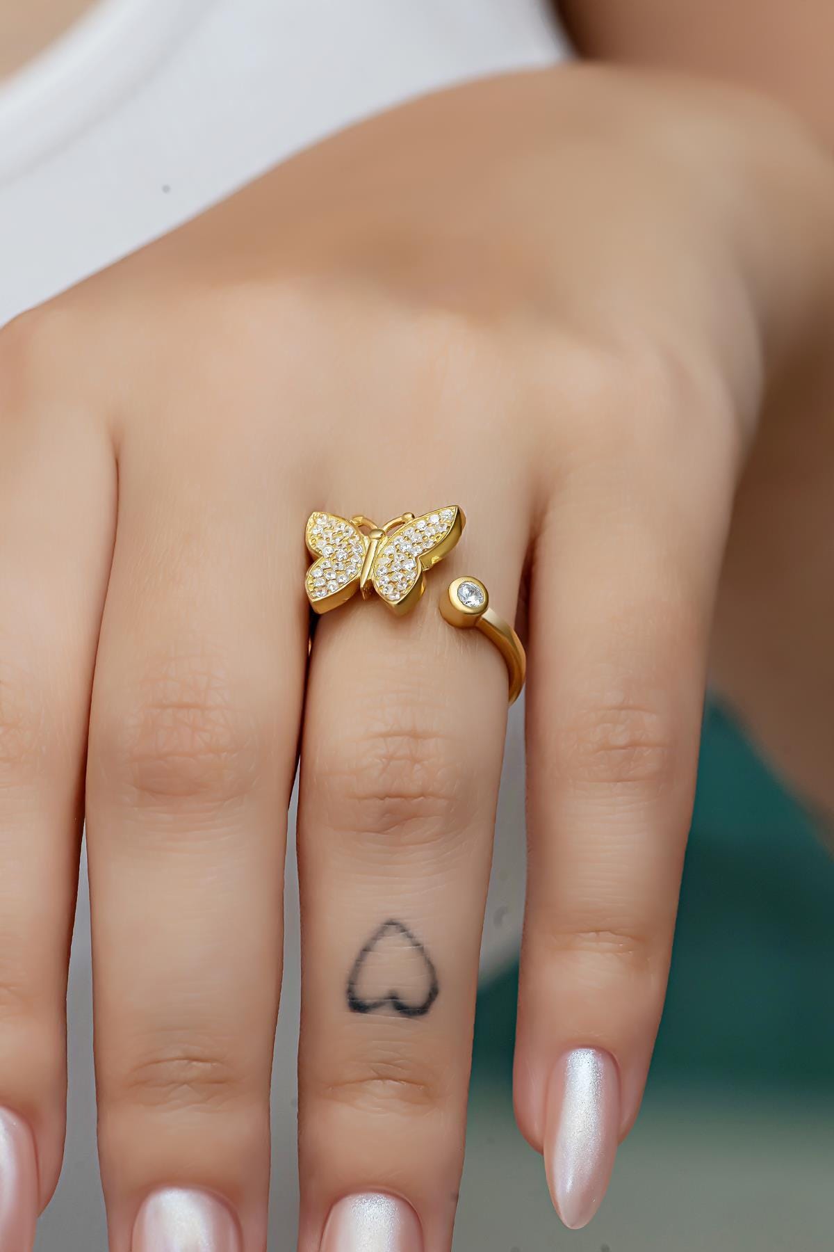 Sterling Silver Butterfly Ring | Adjustable Gold Plated Zircon Jewelry