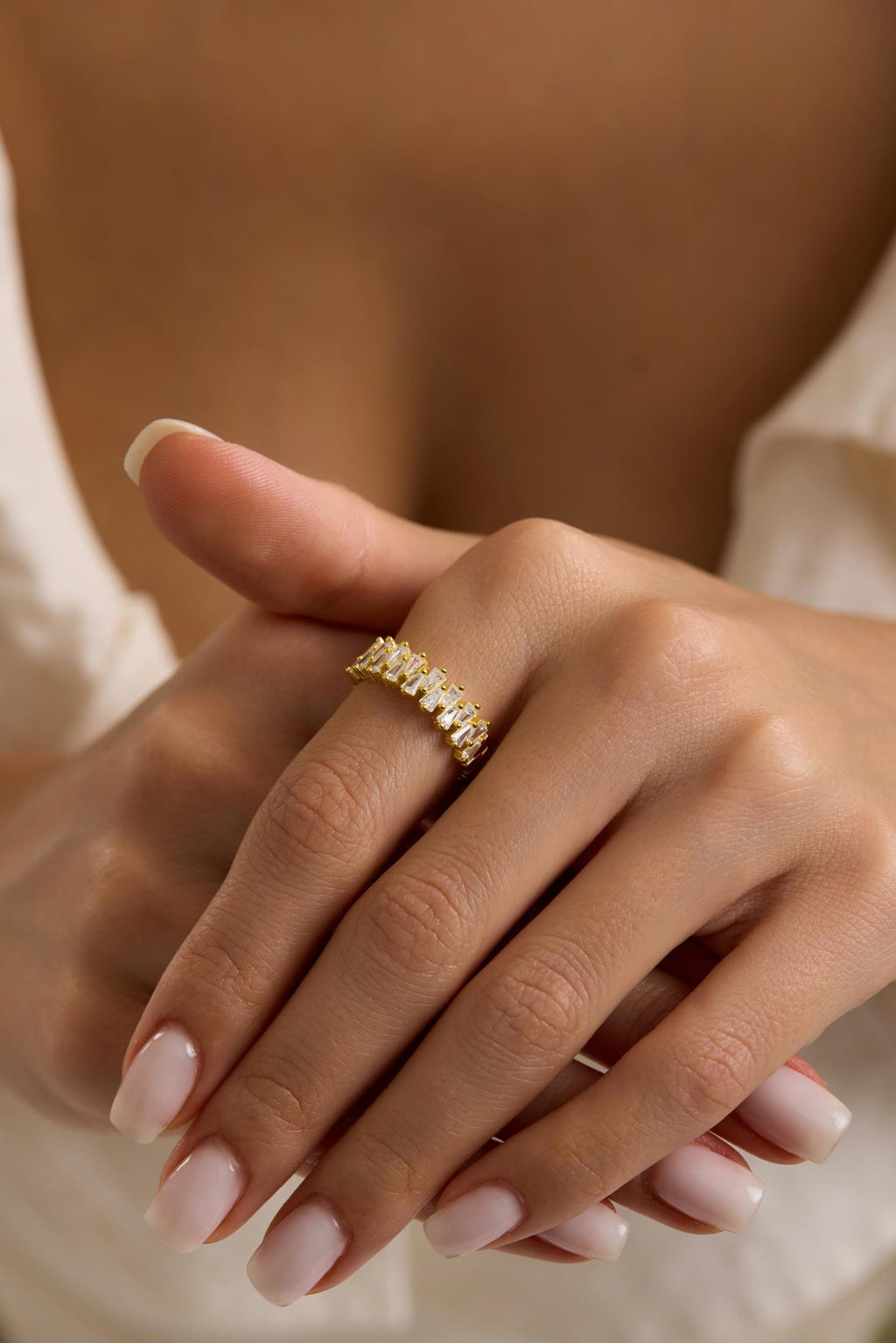 Gold Baguette CZ Ring | Sterling Silver Adjustable Minimal Ring