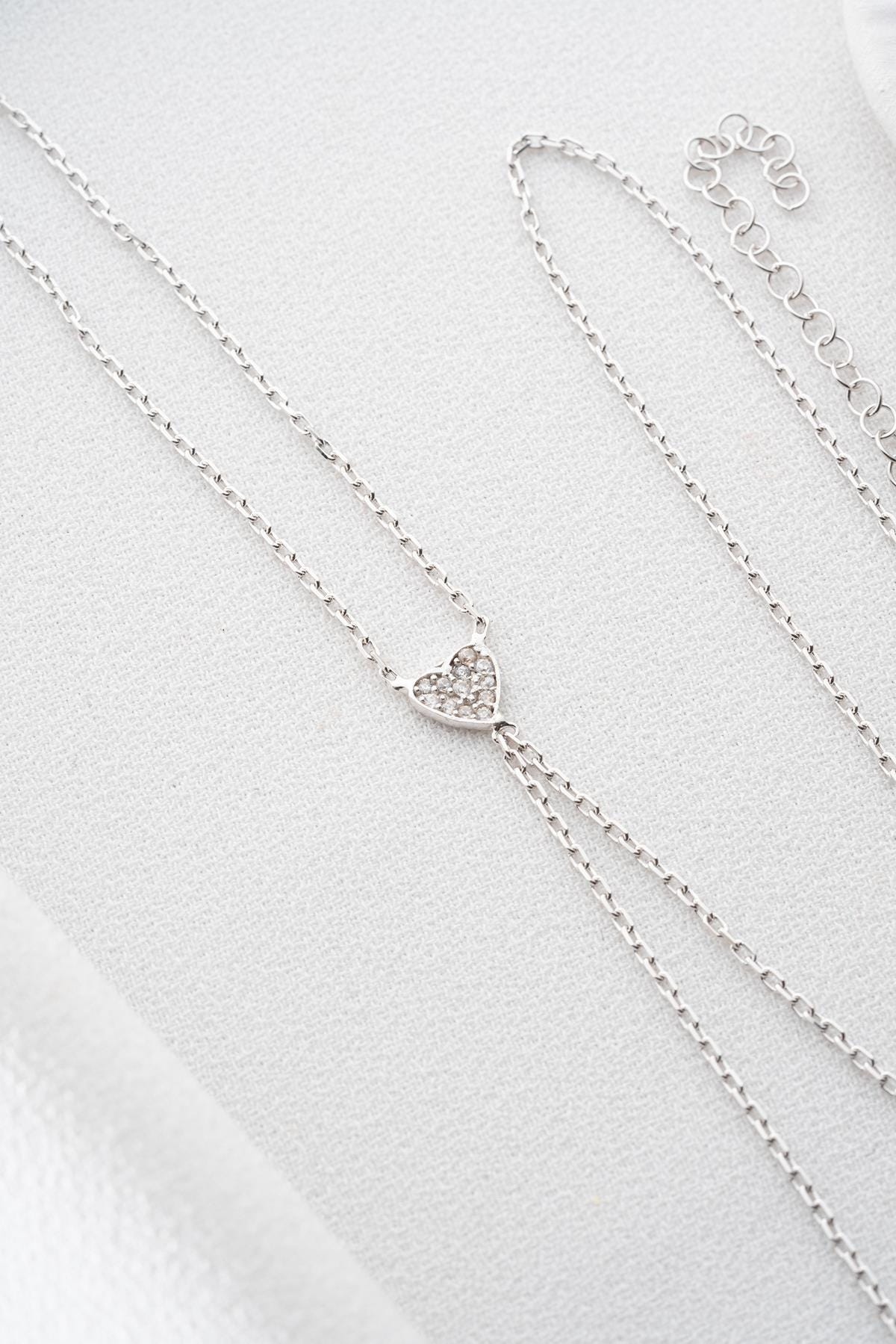 Sterling Silver Heart Hand Chain Bracelet | Rhodium Plated Zircon Heart Bracelet