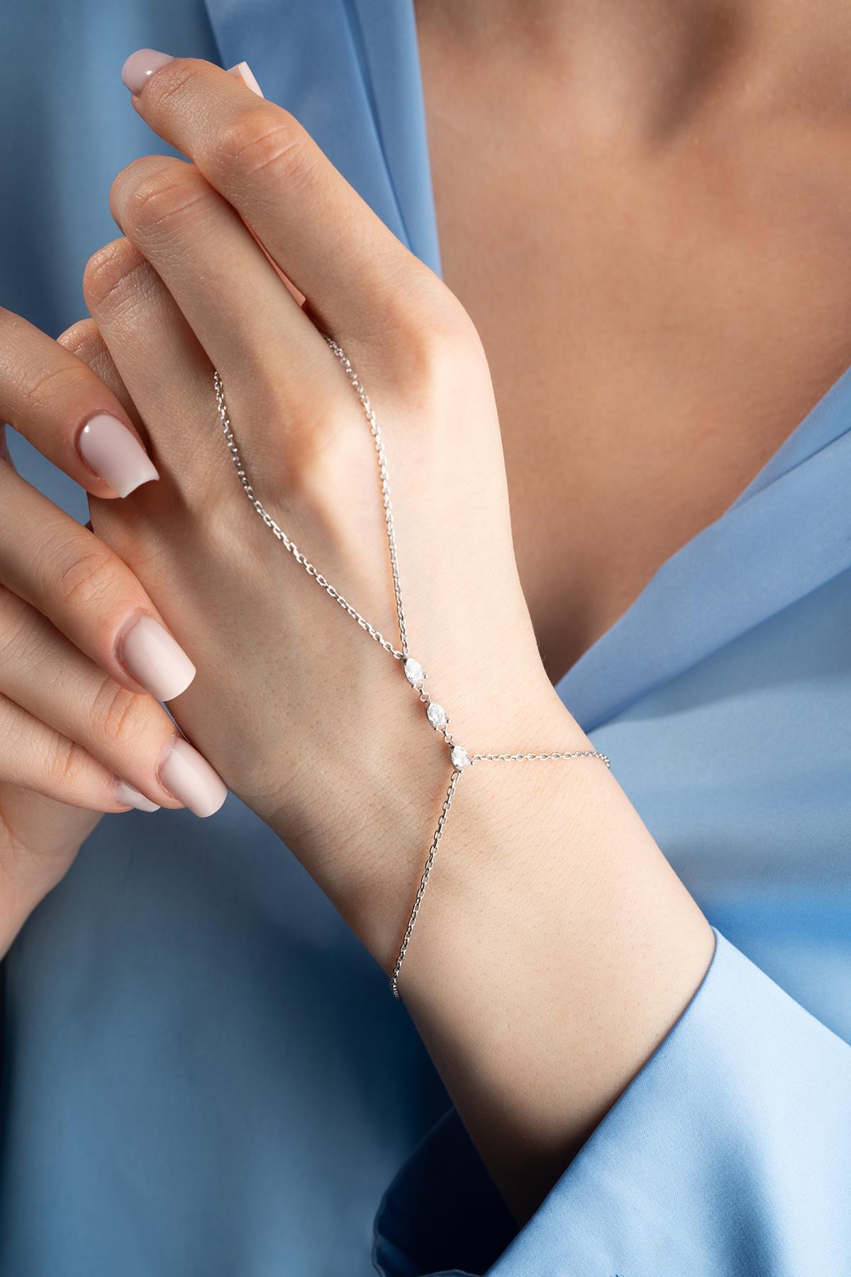 Sterling Silver Hand Chain Bracelet | Rhodium Plated Zircon Drop Bracelet