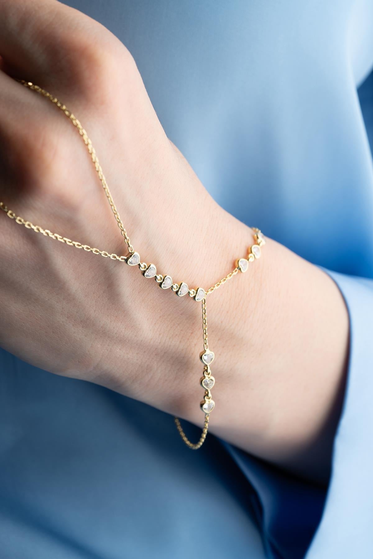 Gold Plated 925 Sterling Silver | Zircon Heart Hand Chain Bracelet | Slave Bracelet