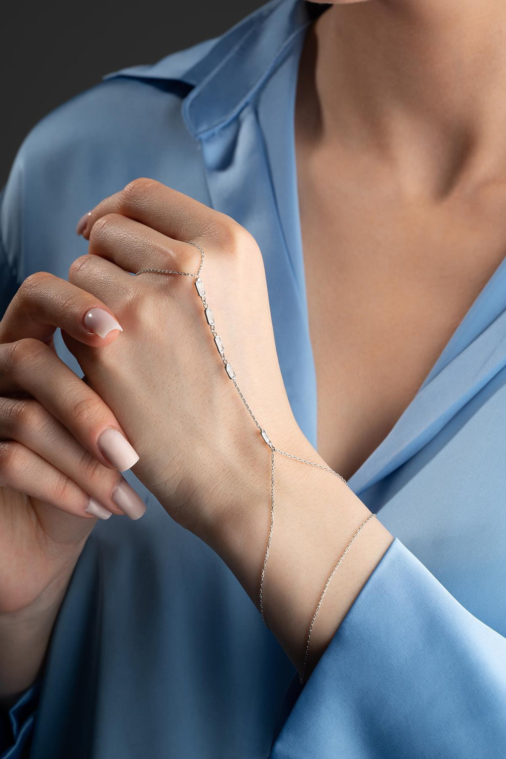925 Sterling Silver | Baguette Zircon Hand Chain Bracelet | Rhodium Slave Bracelet