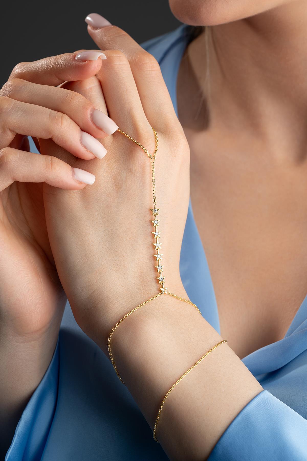 Gold Plated 925 Sterling Silver | Star Zircon Hand Chain Bracelet | Celestial Jewelry