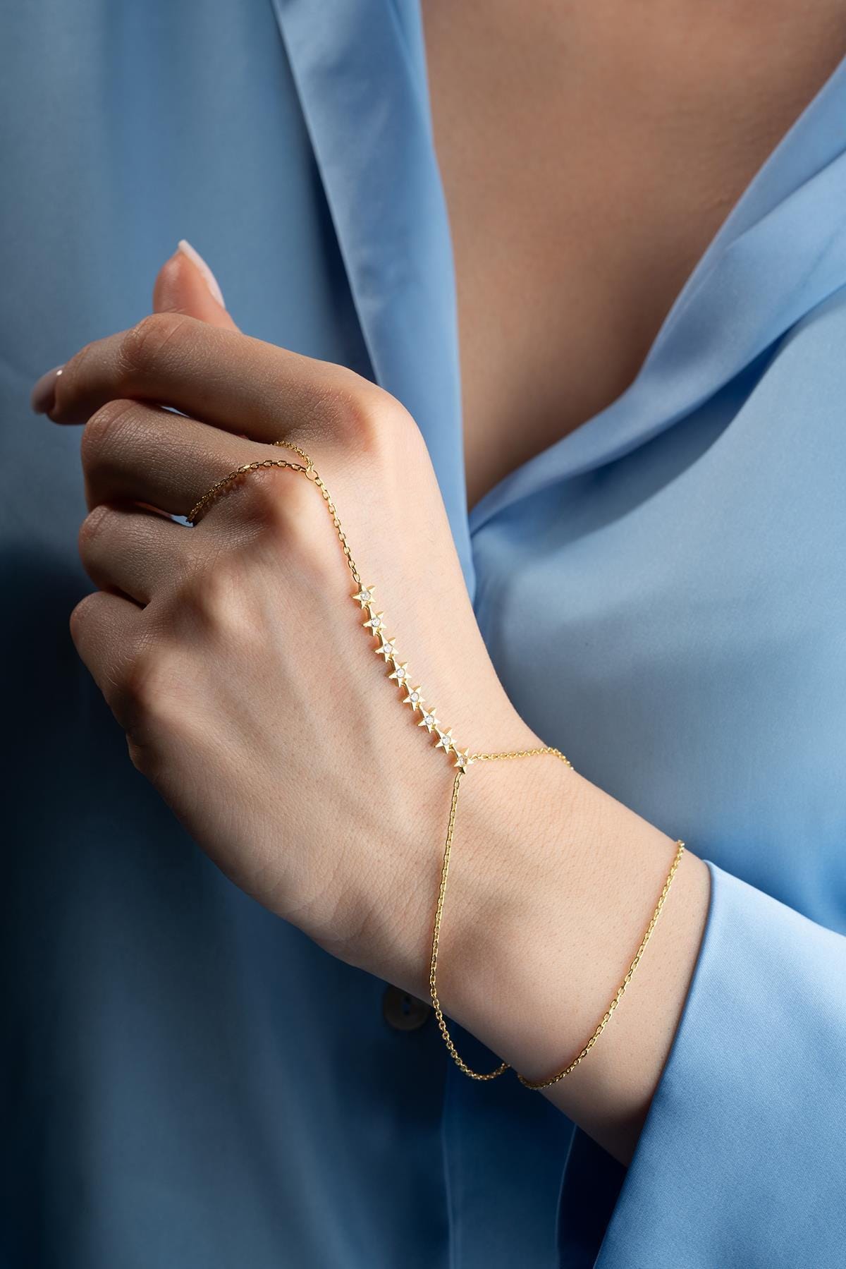 Gold Plated 925 Sterling Silver | Star Zircon Hand Chain Bracelet | Celestial Jewelry