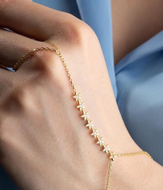 Gold Plated 925 Sterling Silver | Star Zircon Hand Chain Bracelet | Celestial Jewelry