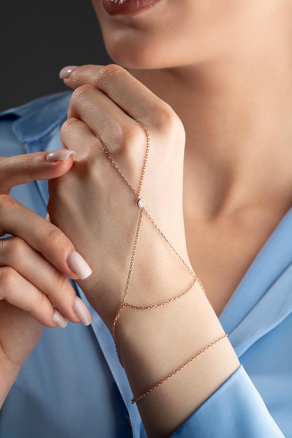 Rose Gold Plated 925 Sterling Silver | Solitaire Zircon Hand Chain Bracelet | Dainty Jewelry