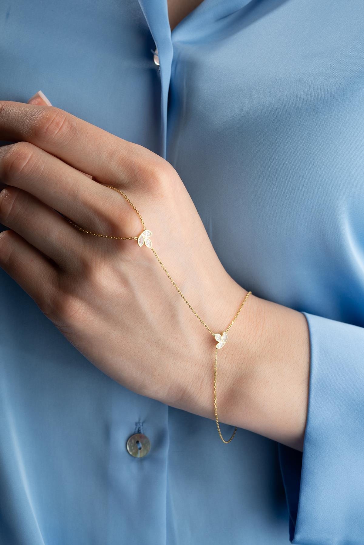 Gold Plated 925 Sterling Silver, Lotus Hand Chain Bracelet, Zircon Floral Jewelry